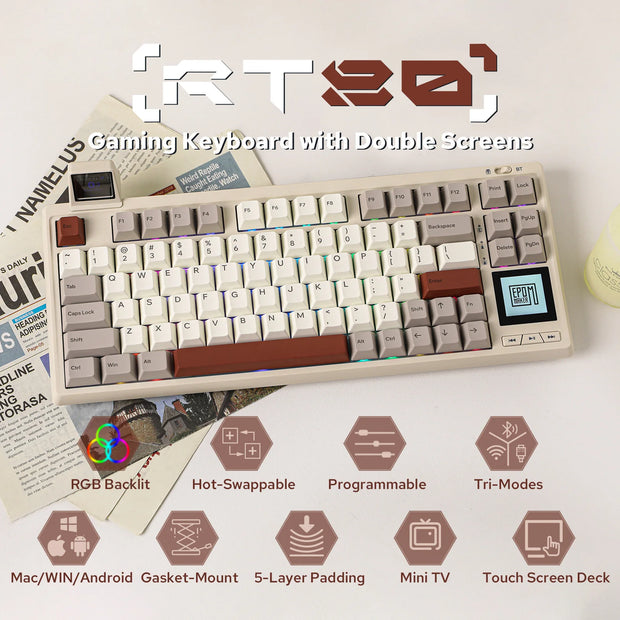 EPOMAKER RT80 75% Hot-swap Tri-mode Wired/Wireless Mechanical Keyboard with Touch Screen and Mini Display NKRO for Office/Game