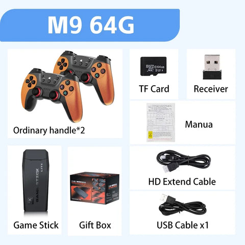 M9 Video Game Console 4K HD Built-in 20000 Games Wireless Controller TV Game Stick 64GB Retro Handheld Game Player Kids Gift