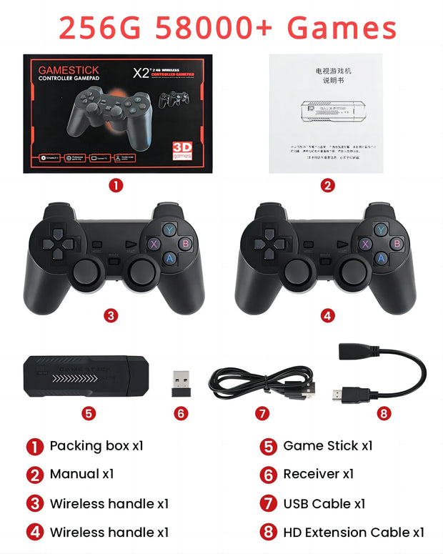 New X2 Plus Game Stick 4K HD Video Game Console 2.4G Double Wireless Controller Game Stick For N64/PSP/PS1/GBA