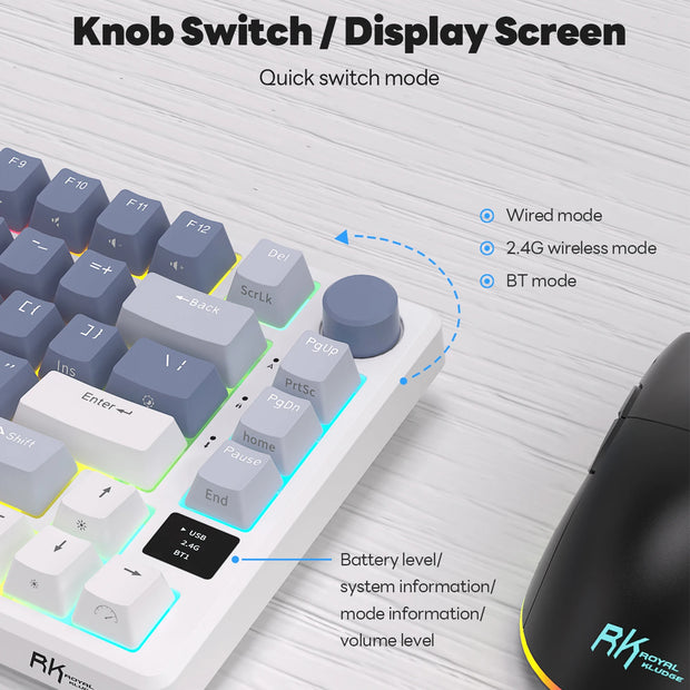 M75 RK ROYAL KLUDGE 2.4G Wireless/Bluetooth/USB-C Mechanical Keyboard 81Keys RGB Hot-Swappable Gasket Gamer Keyboard with Screen