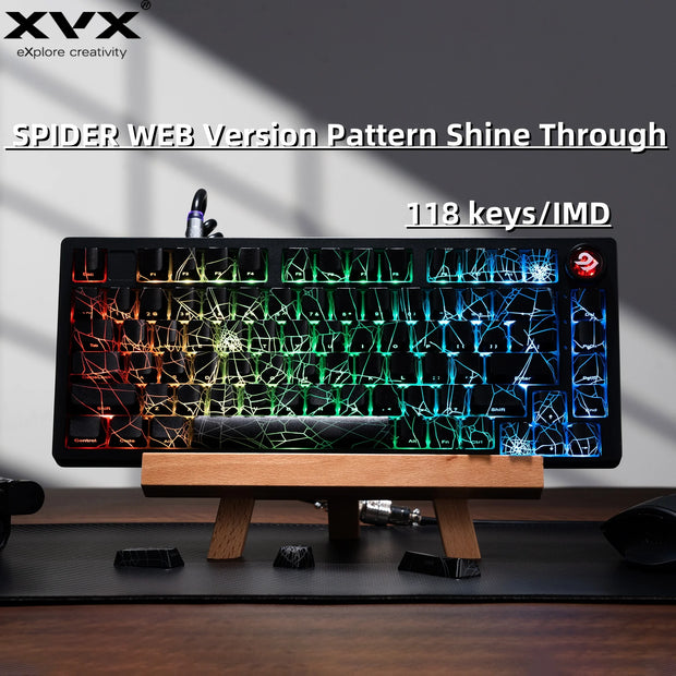 XVX SPIDER WEB Version Pattern Shine Through OEM Profile IMD-Tech Keycap Set 118 Keys Black Backlight Keycaps （only keycaps)