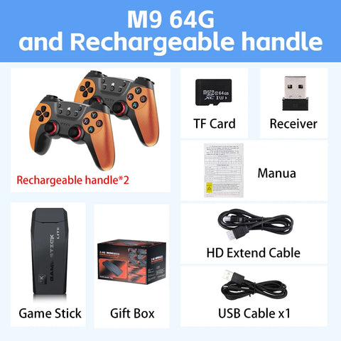 M9 Video Game Console 4K HD Built-in 20000 Games Wireless Controller TV Game Stick 64GB Retro Handheld Game Player Kids Gift