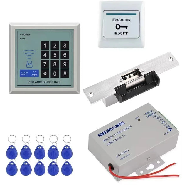 Access Control System Kit RFID Keypad Card Reader Power Supply &Exit Button&10pcs Keyfobs (Without Lock)