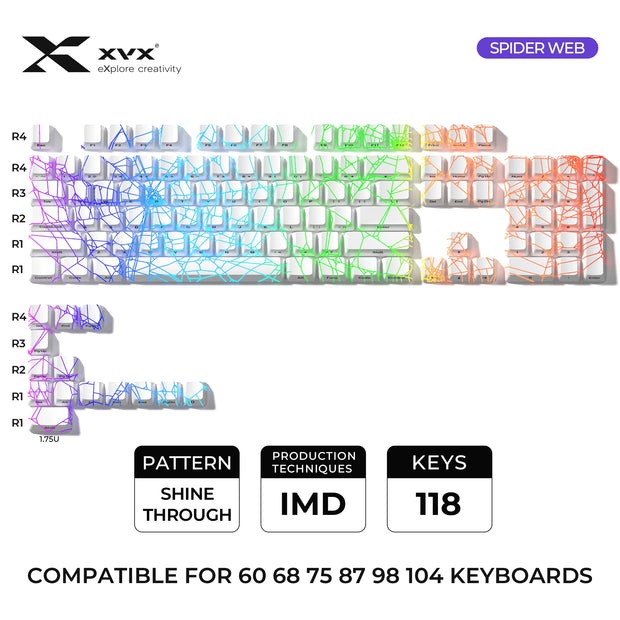 XVX Spider Web Version Pattern Shine Through OEM Profile IMD-Tech Keycap Set Black Keycaps（ only keycaps）118 Keys