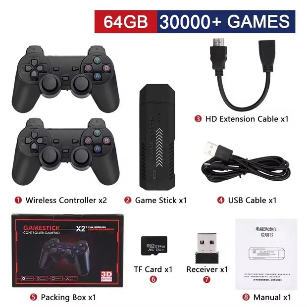 X2Plus Retro Video Game Console 4K HD 3D Gaming Stick Wireless Controller Built in 30+Simulators 64GB 30000+Games PS1/N64