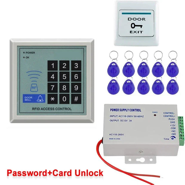 Access Control System Kit RFID Keypad Card Reader Power Supply &Exit Button&10pcs Keyfobs (Without Lock)